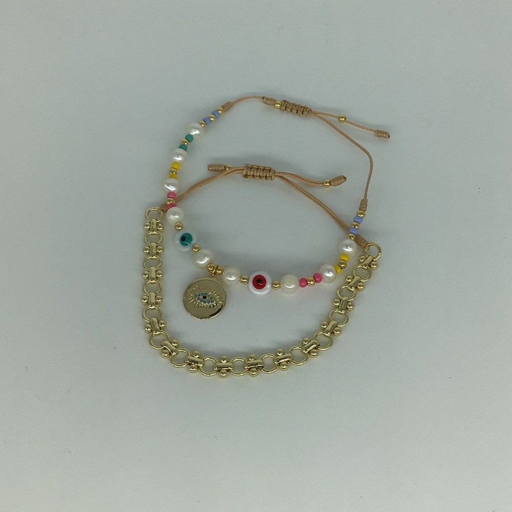 New, 18k Gold Filled Two Piece Mother of Pearl Evil Eye Bracelet Set